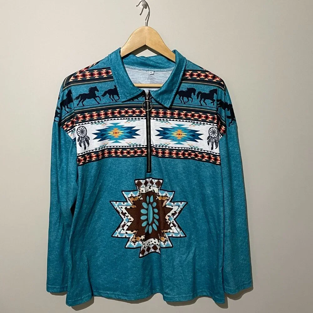 Southwestern Aztec Inspired Long Sleeve 1/4 Zip top 1X - Picture 3 of 8